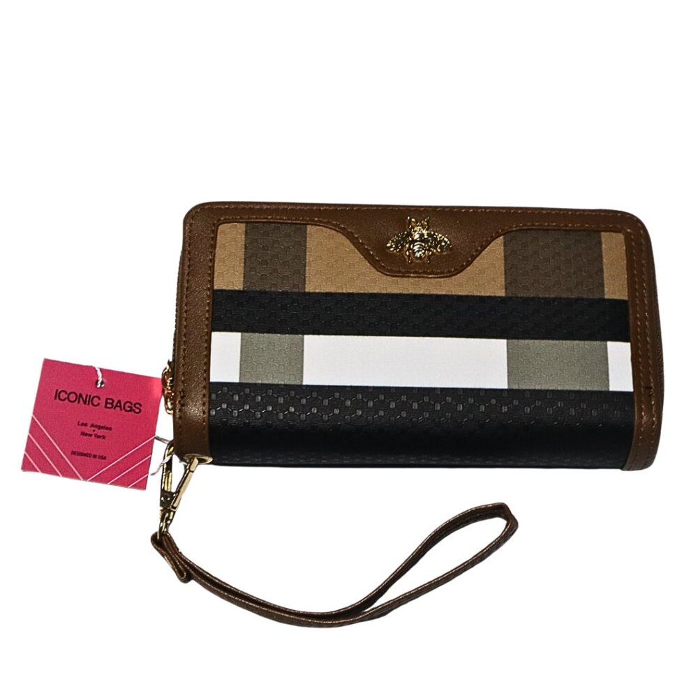 ICONIC BAGS Women's Plaid Striped Wristlet Wallet Faux Leather Gold Bee Zip